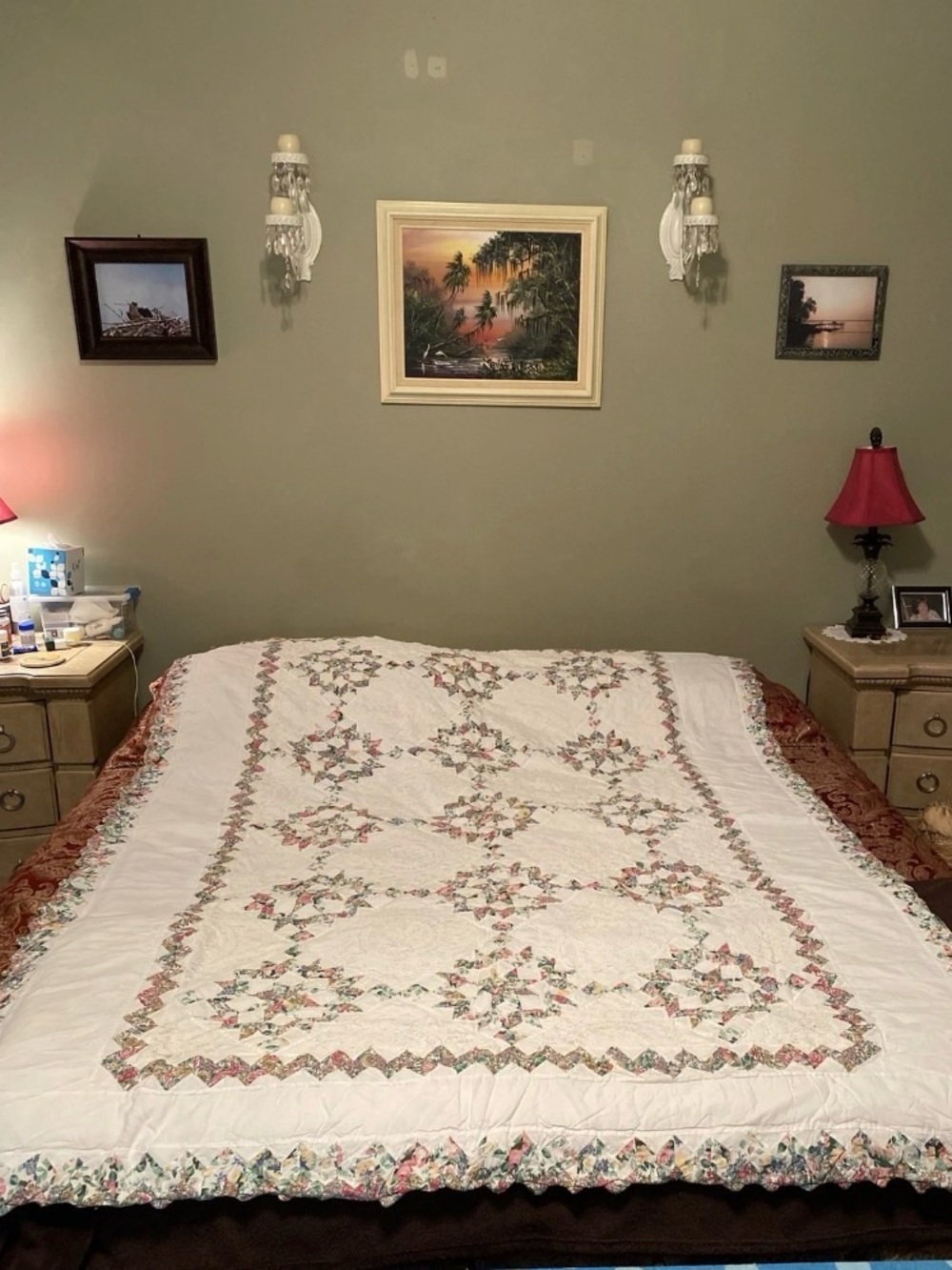 VTG Homemade Quilt/Topper/Blanket  84 x 65 Multicolor w/ Fabric+Crocheted Panels